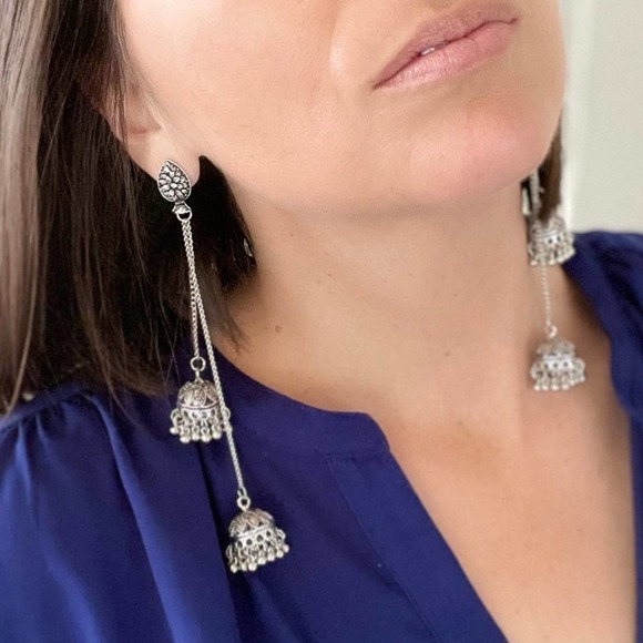 Bollywood-inspired Silver Jhumka Earrings with Elegant Duster Length Design - Picture 2 of 12